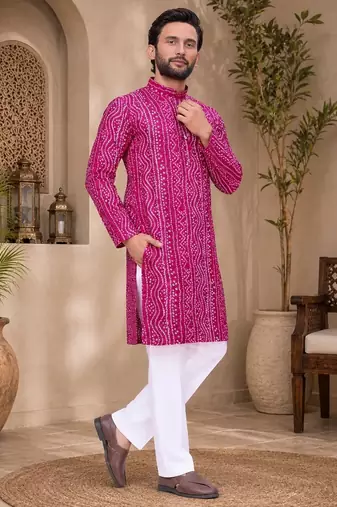 Pink color traditional chikankari embroidery cotton men's kurta payjama set