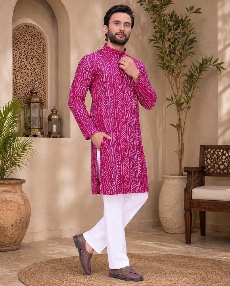 Pink color traditional chikankari embroidery cotton men's kurta payjama set
