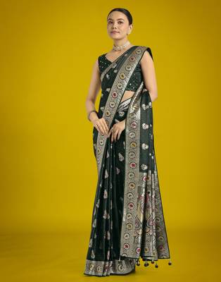 green silk blend banarasi jacuard work saree with unstitched blouse piece 2