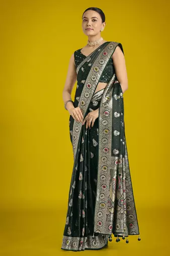 green silk blend banarasi jacuard work saree with unstitched blouse piece