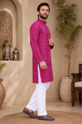 Pink color traditional chikankari embroidery cotton men's kurta payjama set