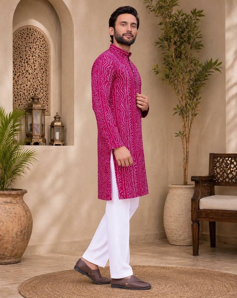 Pink color traditional chikankari embroidery cotton men's kurta payjama set
