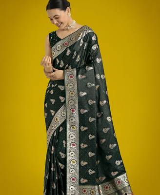 green silk blend banarasi jacuard work saree with unstitched blouse piece 4