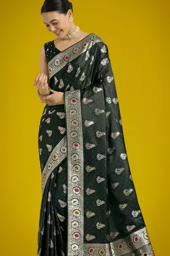 green silk blend banarasi jacuard work saree with unstitched blouse piece