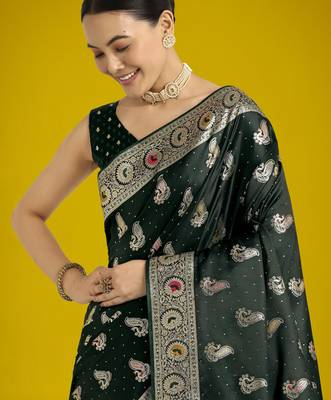 green silk blend banarasi jacuard work saree with unstitched blouse piece 5