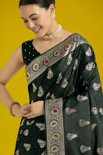 green silk blend banarasi jacuard work saree with unstitched blouse piece