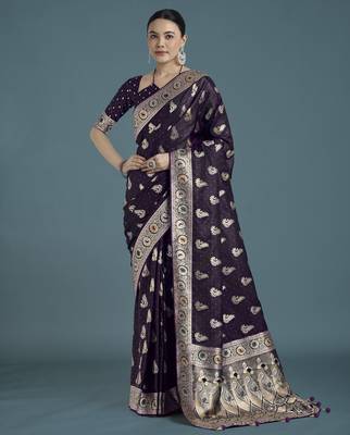 plum silk blend banarasi jacuard work saree with unstitched blouse piece 1