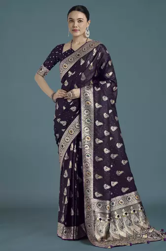 plum silk blend banarasi jacuard work saree with unstitched blouse piece