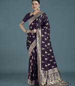 plum silk blend banarasi jacuard work saree with unstitched blouse piece
