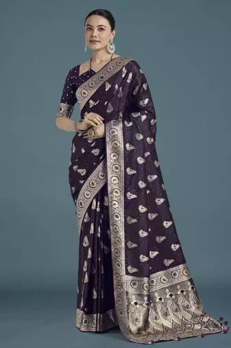 plum silk blend banarasi jacuard work saree with unstitched blouse piece
