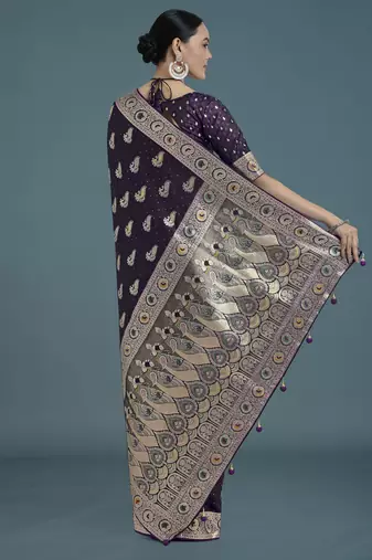 plum silk blend banarasi jacuard work saree with unstitched blouse piece