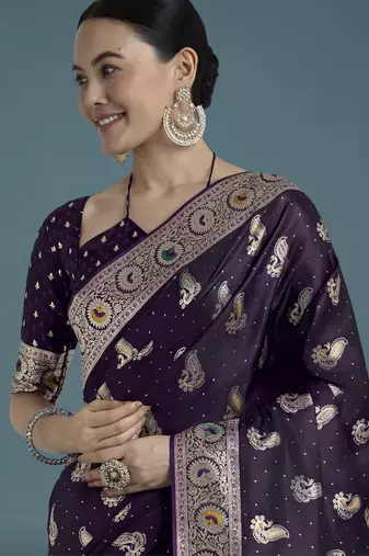 plum silk blend banarasi jacuard work saree with unstitched blouse piece