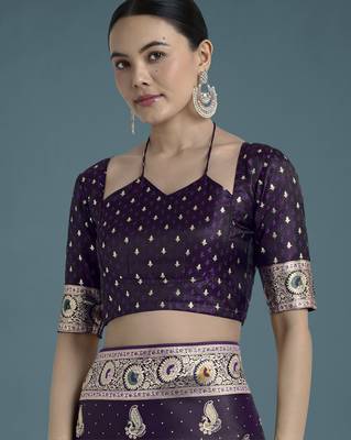 plum silk blend banarasi jacuard work saree with unstitched blouse piece 5