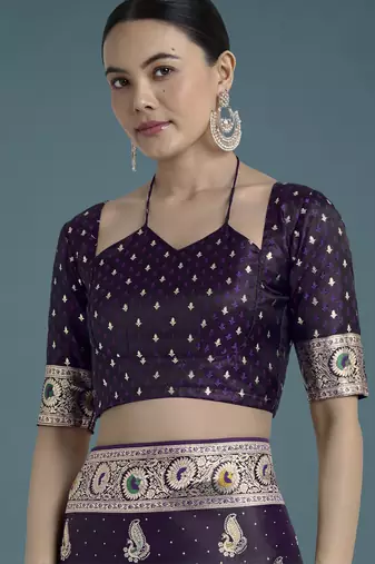 plum silk blend banarasi jacuard work saree with unstitched blouse piece