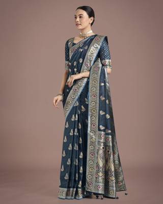 rama silk blend banarasi jacuard work saree with unstitched blouse piece 1
