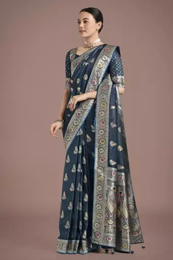 rama silk blend banarasi jacuard work saree with unstitched blouse piece