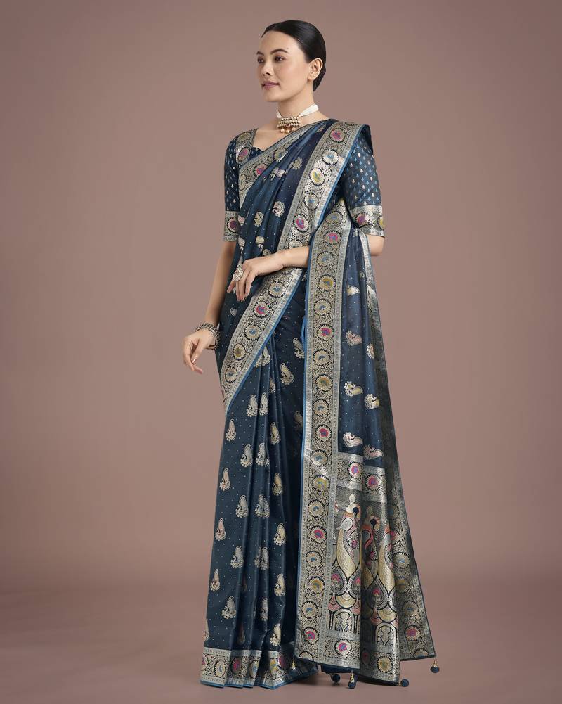 rama silk blend banarasi jacuard work saree with unstitched blouse piece