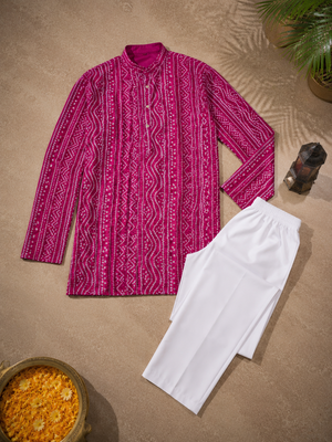 Pink color traditional chikankari embroidery cotton men's kurta payjama set 5