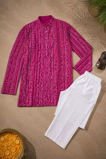Pink color traditional chikankari embroidery cotton men's kurta payjama set