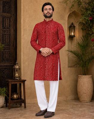 Red color traditional chikankari embroidery cotton men's kurta payjama set 1