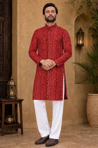 Red color traditional chikankari embroidery cotton men's kurta payjama set