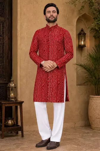 Red color traditional chikankari embroidery cotton men's kurta payjama set