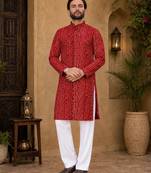 Red color traditional chikankari embroidery cotton men's kurta payjama set
