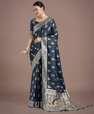 rama silk blend banarasi jacuard work saree with unstitched blouse piece 2