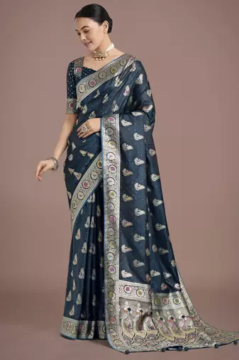 rama silk blend banarasi jacuard work saree with unstitched blouse piece
