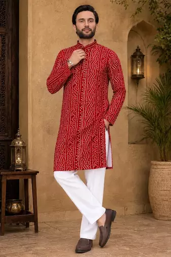 Red color traditional chikankari embroidery cotton men's kurta payjama set