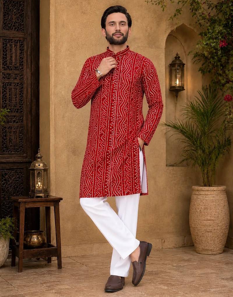 Red color traditional chikankari embroidery cotton men's kurta payjama set
