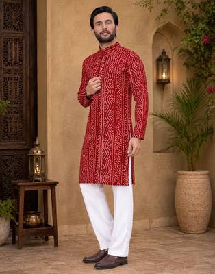 Red color traditional chikankari embroidery cotton men's kurta payjama set 3