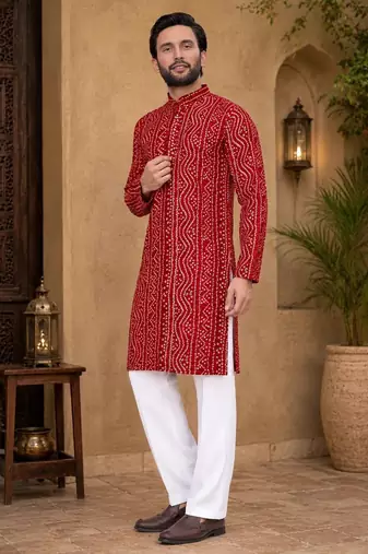 Red color traditional chikankari embroidery cotton men's kurta payjama set