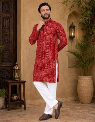 Red color traditional chikankari embroidery cotton men's kurta payjama set 4