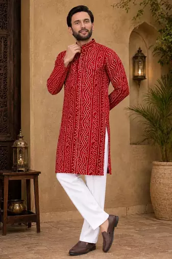 Red color traditional chikankari embroidery cotton men's kurta payjama set
