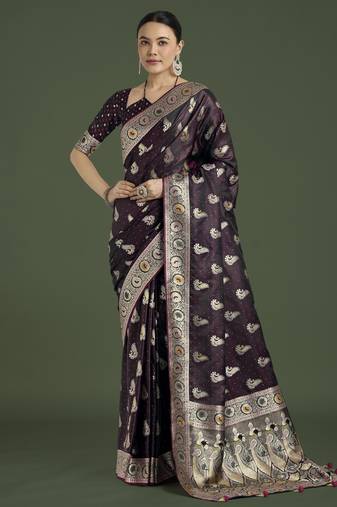 wine silk blend banarasi jacuard work saree with unstitched blouse piece