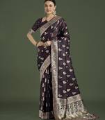 wine silk blend banarasi jacuard work saree with unstitched blouse piece