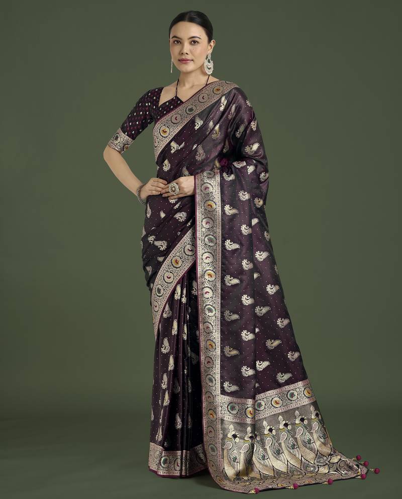 wine silk blend banarasi jacuard work saree with unstitched blouse piece