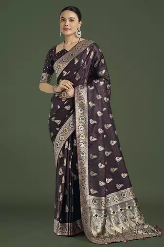 wine silk blend banarasi jacuard work saree with unstitched blouse piece