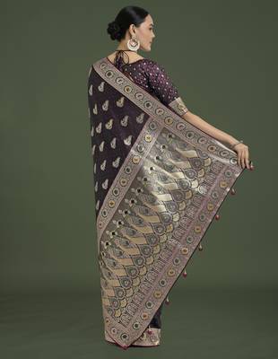 wine silk blend banarasi jacuard work saree with unstitched blouse piece 3