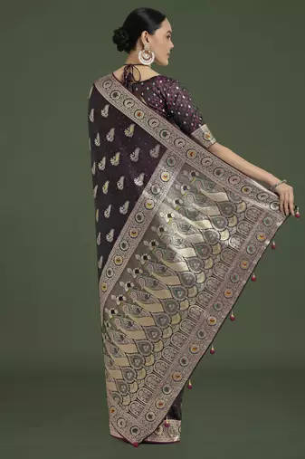 wine silk blend banarasi jacuard work saree with unstitched blouse piece