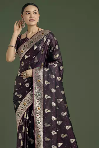 wine silk blend banarasi jacuard work saree with unstitched blouse piece