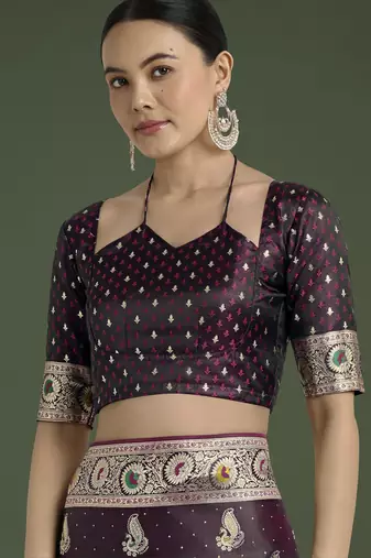 wine silk blend banarasi jacuard work saree with unstitched blouse piece