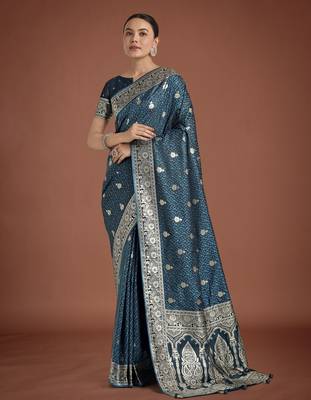 rama silk blend banarasi jacuard work saree with unstitched blouse piece 1