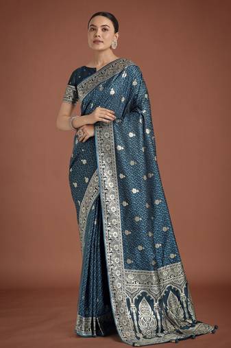 rama silk blend banarasi jacuard work saree with unstitched blouse piece