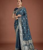 rama silk blend banarasi jacuard work saree with unstitched blouse piece