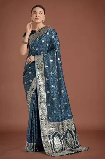 rama silk blend banarasi jacuard work saree with unstitched blouse piece