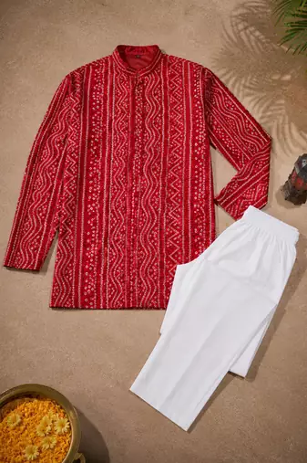Red color traditional chikankari embroidery cotton men's kurta payjama set