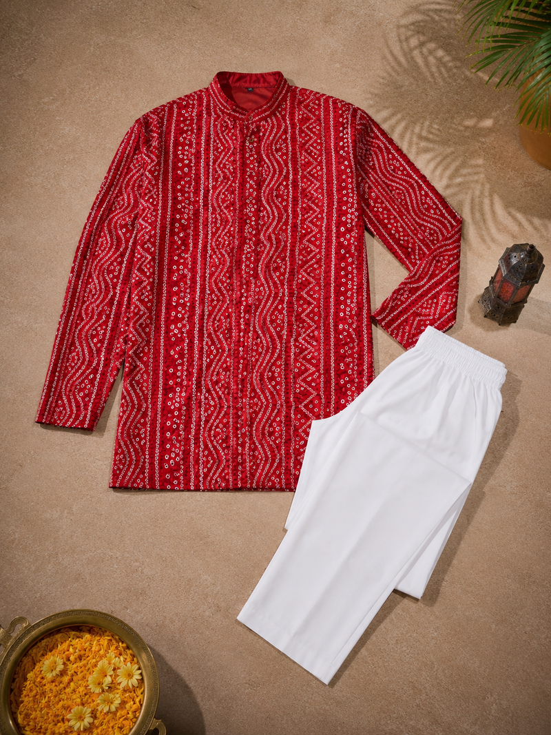 Red color traditional chikankari embroidery cotton men's kurta payjama set