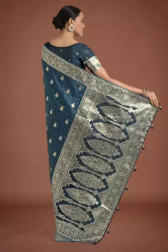 rama silk blend banarasi jacuard work saree with unstitched blouse piece